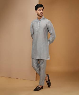 Royal blue and grey embroidered kurta-jacket set 3