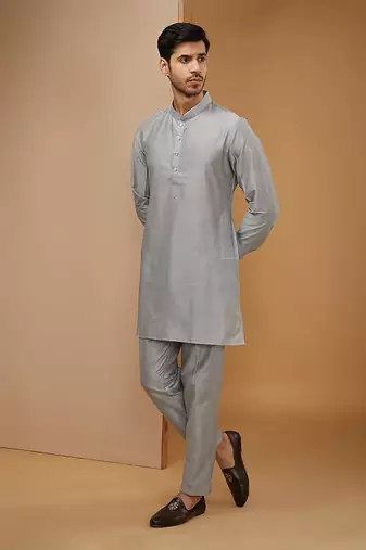 Royal blue and grey embroidered kurta-jacket set