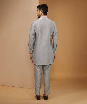 Royal blue and grey embroidered kurta-jacket set 4