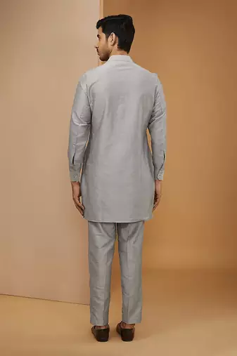 Royal blue and grey embroidered kurta-jacket set