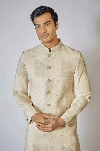 Off white embroidered achkan set