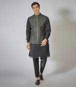 Black zipper embroidered kurta-jacket set
