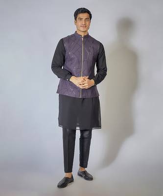 Wine zipper embroidered kurta-jacket set 1