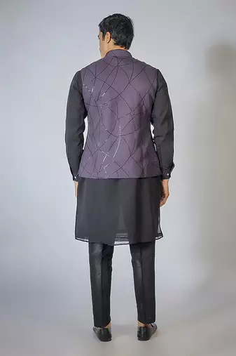 Wine zipper embroidered kurta-jacket set