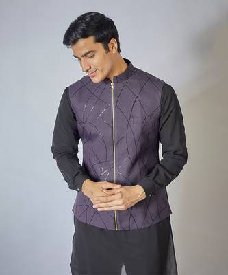 Wine zipper embroidered kurta-jacket set 3