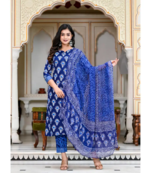 Women's Rayon Printed Designer Straight Kurti With Pant & Dupatta Set