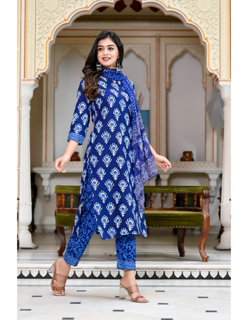 Women's Rayon Printed Designer Straight Kurti With Pant & Dupatta Set