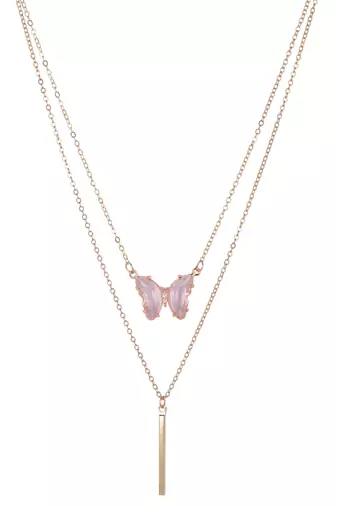   rosegold-plated butterfly shaped cz studded layered chain necklace