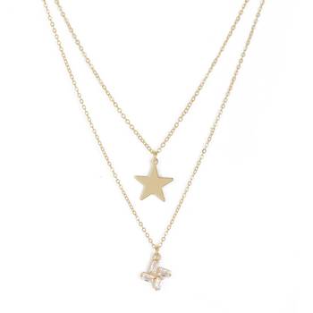   Gold-plated star & Swastik shaped cz studded layered chain necklace 4
