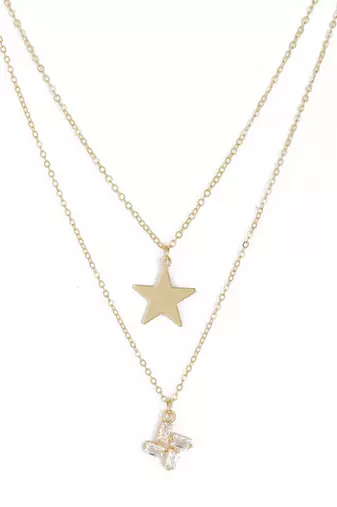  Gold-plated star & Swastik shaped cz studded layered chain necklace