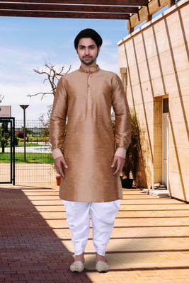 Peach art silk solid kurta dhoti pants for men's indian traditional ethnic wear 1