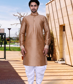 Peach art silk solid kurta dhoti pants for men's indian traditional ethnic wear