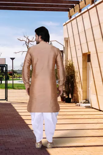 Peach art silk solid kurta dhoti pants for men's indian traditional ethnic wear