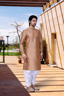 Peach art silk solid kurta dhoti pants for men's indian traditional ethnic wear 4