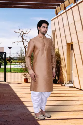 Peach art silk solid kurta dhoti pants for men's indian traditional ethnic wear