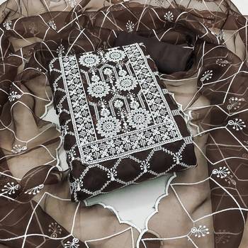 Manvaa women's brown embroidered organza dressaterial 1