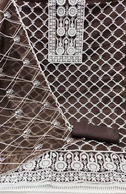 Manvaa women's brown embroidered organza dressaterial 2