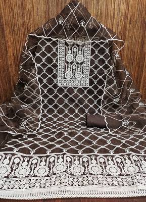 Manvaa women's brown embroidered organza dressaterial 3