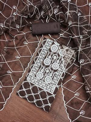 Manvaa women's brown embroidered organza dressaterial 4