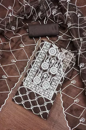 Manvaa women's brown embroidered organza dressaterial