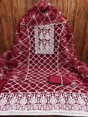 Manvaa women'saroon embroidered organza dressaterial 3