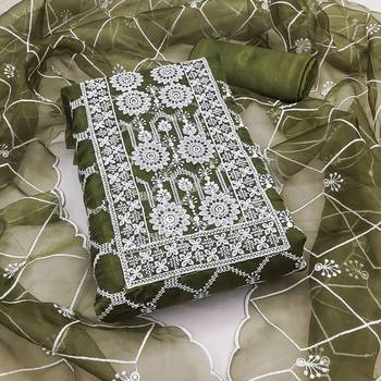 Manvaa women's olive green unstitched embroidered organza dressaterial  1