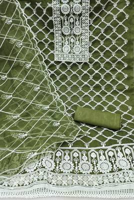 Manvaa women's olive green unstitched embroidered organza dressaterial  2