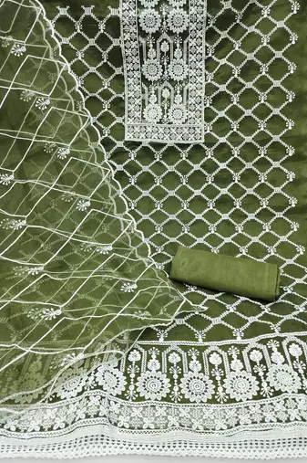 Manvaa women's olive green unstitched embroidered organza dressaterial 