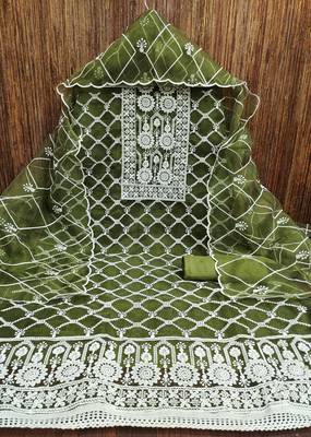 Manvaa women's olive green unstitched embroidered organza dressaterial  3