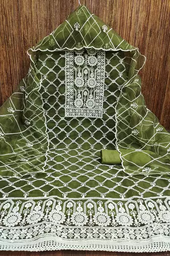 Manvaa women's olive green unstitched embroidered organza dressaterial 