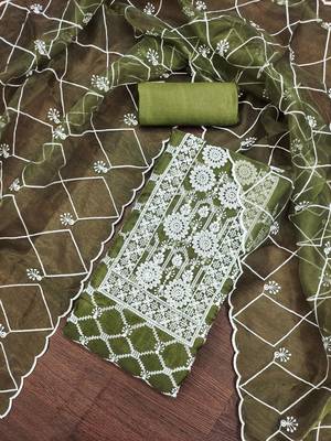 Manvaa women's olive green unstitched embroidered organza dressaterial  4