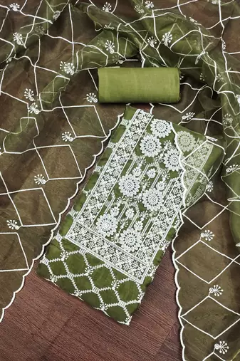 Manvaa women's olive green unstitched embroidered organza dressaterial 