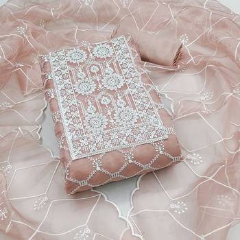 Manvaa women's peach embroidered organza dressaterial 1