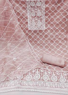 Manvaa women's peach embroidered organza dressaterial 2