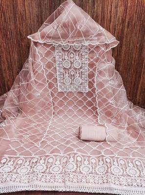 Manvaa women's peach embroidered organza dressaterial 3