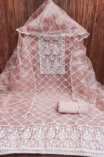 Manvaa women's peach embroidered organza dressaterial