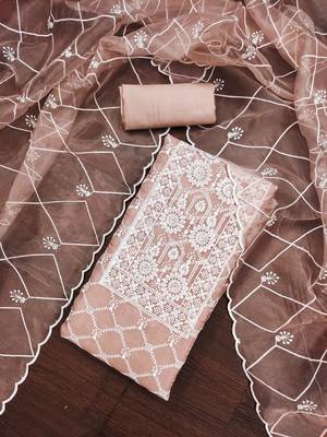 Manvaa women's peach embroidered organza dressaterial 4