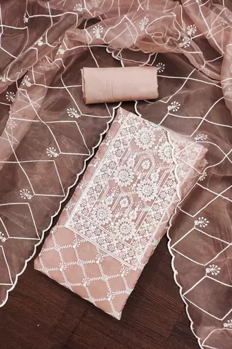 Manvaa women's peach embroidered organza dressaterial