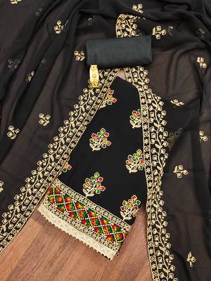 Manvaa women's black unstitched embroidered georgette dressaterial  1