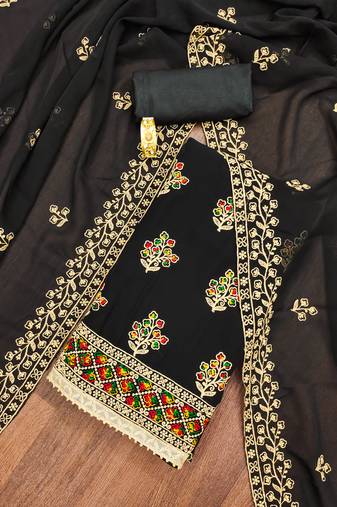 Manvaa women's black unstitched embroidered georgette dressaterial 