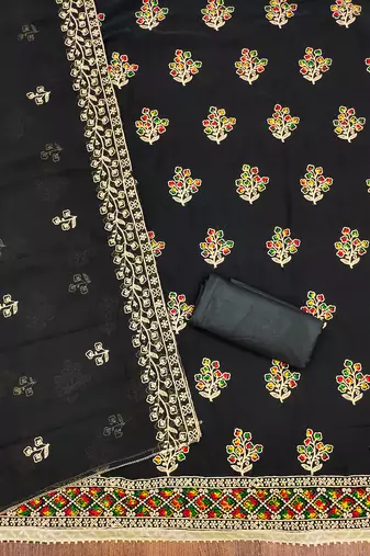 Manvaa women's black unstitched embroidered georgette dressaterial 