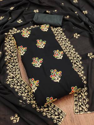 Manvaa women's black unstitched embroidered georgette dressaterial  4