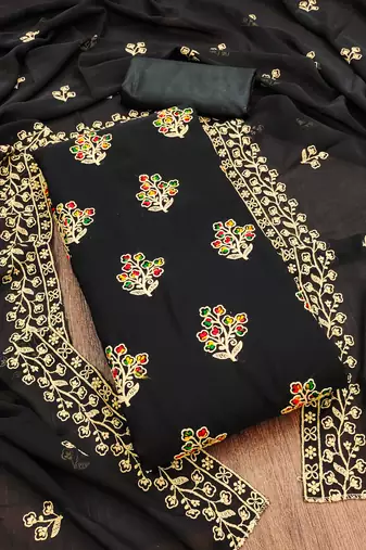 Manvaa women's black unstitched embroidered georgette dressaterial 