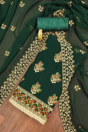 Manvaa women's green unstitched embroidered georgette dressaterial 
