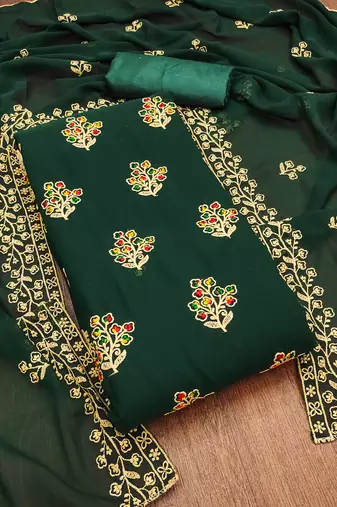 Manvaa women's green embroidered georgette dressaterial