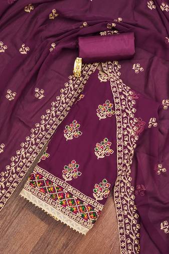 Manvaa women's purple unstitched embroidered georgette dressaterial 