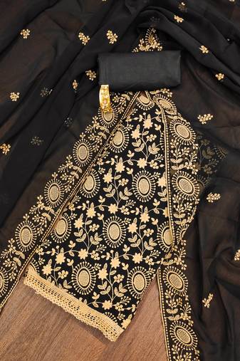 Manvaa women's black unstitched embroidered georgette dressaterial 