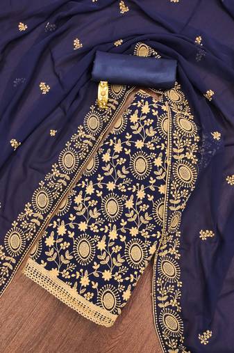 Manvaa women's blue unstitched embroidered georgette dressaterial 