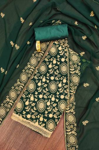 Manvaa women's green unstitched embroidered georgette dressaterial 
