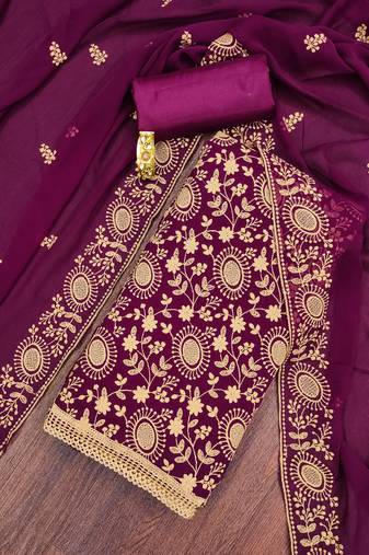 Manvaa women's purple unstitched embroidered georgette dressaterial 